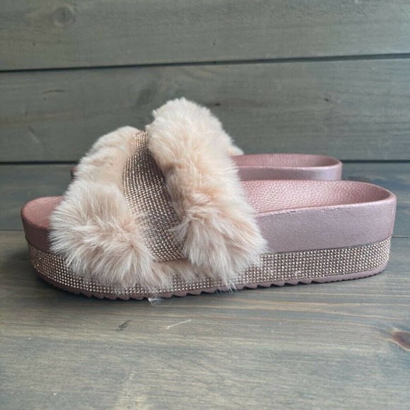 Cape Robbin Shoes - Cape Robbin Womens Slides Sandals Pink Rhinestone Platform Heels Faux Fur Trim 9
